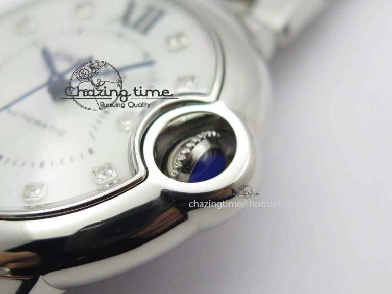 Ballon Bleu 33mm SS V6F Diamond Markers White Mop Dial On SS Bracelet Ronda Quartz