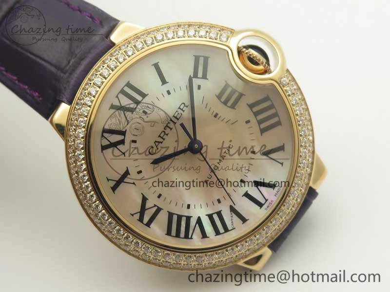 Ballon Bleu 36mm RG V6F 1:1 Best Edition Pink MOP Dial Crystal Bezel on Leather Strap SEIKO NH05A