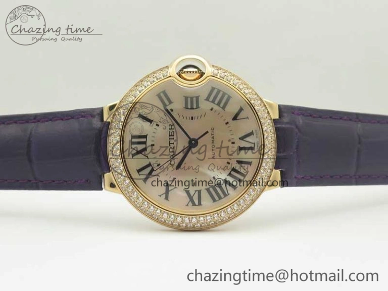 Ballon Bleu 36mm RG V6F 1:1 Best Edition Pink MOP Dial Crystal Bezel on Leather Strap SEIKO NH05A