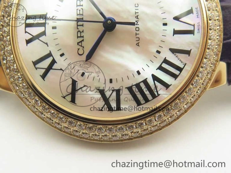 Ballon Bleu 36mm RG V6F 1:1 Best Edition Pink MOP Dial Crystal Bezel on Leather Strap SEIKO NH05A