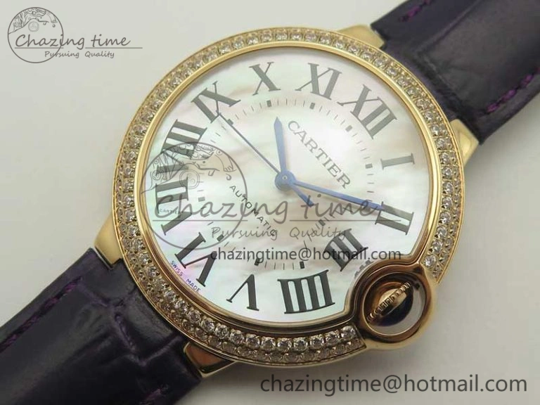 Ballon Bleu 36mm RG V6F 1:1 Best Edition Pink MOP Dial Crystal Bezel on Leather Strap SEIKO NH05A