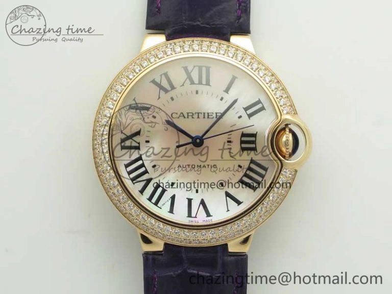 Ballon Bleu 36mm RG V6F 1:1 Best Edition Pink MOP Dial Crystal Bezel on Leather Strap SEIKO NH05A
