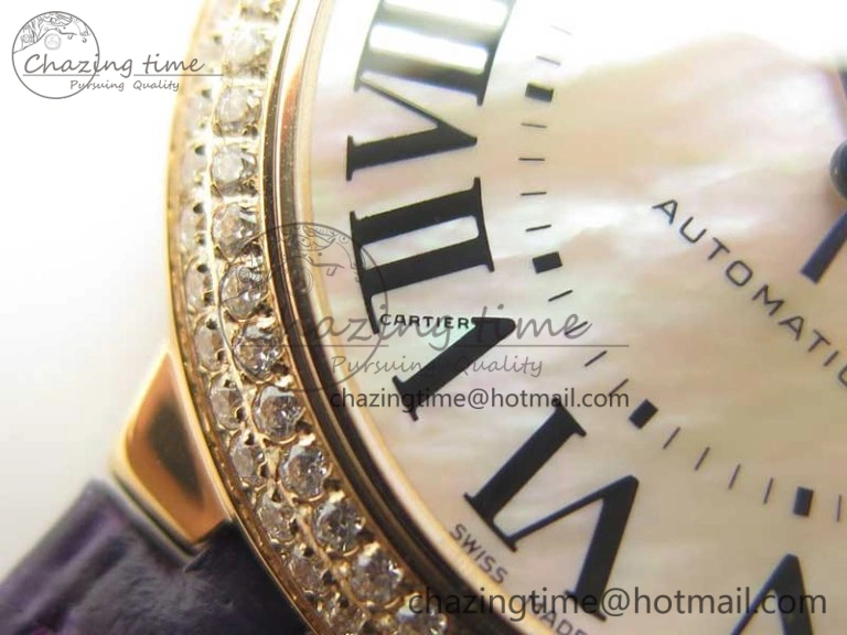 Ballon Bleu 36mm RG V6F 1:1 Best Edition Pink MOP Dial Crystal Bezel on Leather Strap SEIKO NH05A