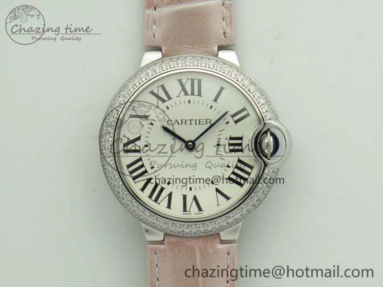 Ballon Bleu 36mm SS V6F 1:1 Best Edition White Dial Diamond Bezel On Leather Strap Quartz