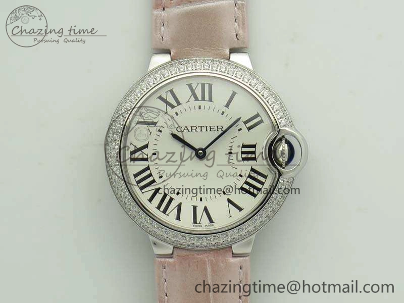 Ballon Bleu 36mm SS V6F 1:1 Best Edition White Dial Diamond Bezel On Leather Strap Quartz