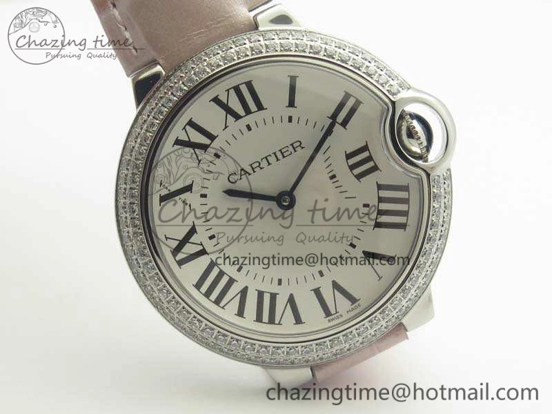 Ballon Bleu 36mm SS V6F 1:1 Best Edition White Dial Diamond Bezel On Leather Strap Quartz