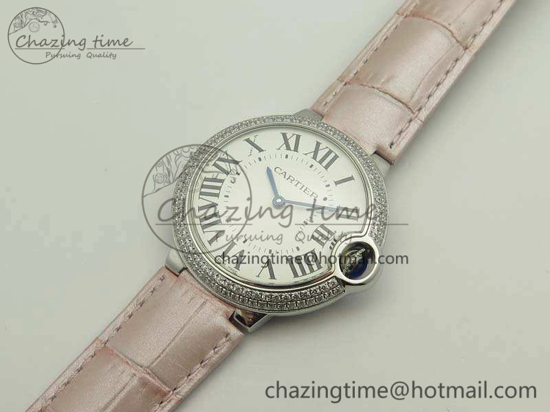 Ballon Bleu 36mm SS V6F 1:1 Best Edition White Dial Diamond Bezel On Leather Strap Quartz