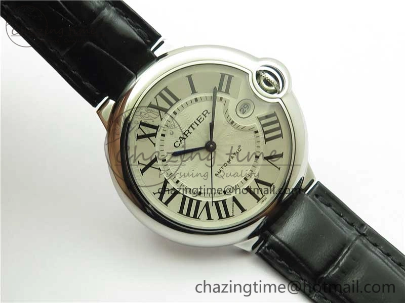 Ballon Bleu 42mm SS AF 1:1 Best Edition White Texture Dial on Black Leather Strap A2824