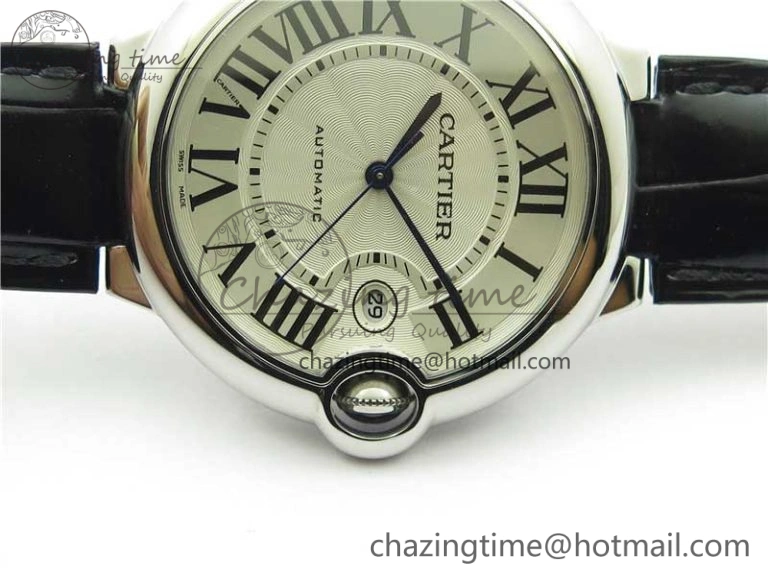 Ballon Bleu 42mm SS AF 1:1 Best Edition White Texture Dial on Black Leather Strap A2824