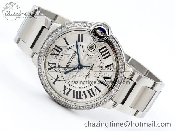 Ballon Bleu 42mm SS CHF 1:1 Best Edition White Texture Dial 1Line Diamonds Bezel on SS Bracelet A2824