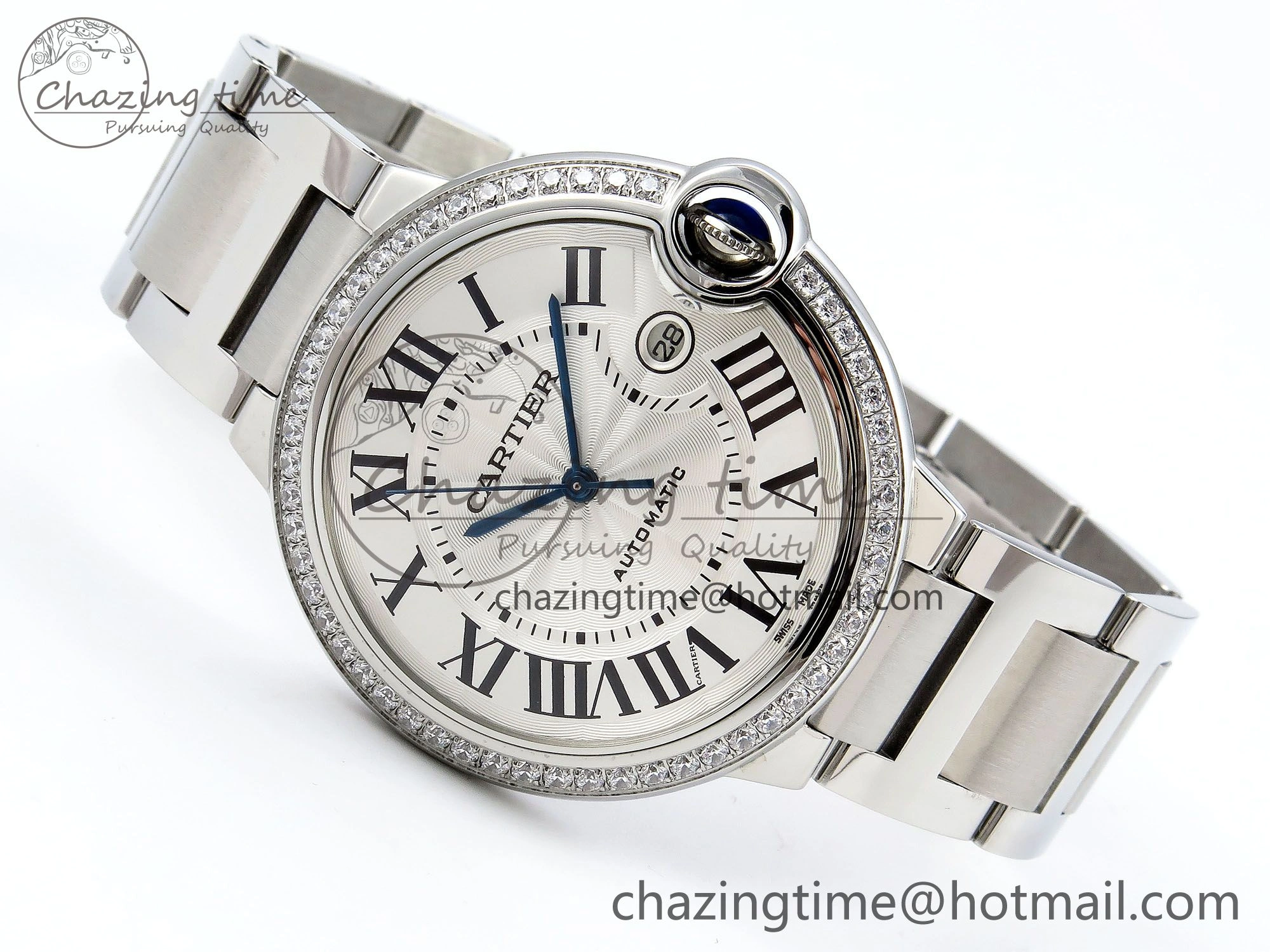 Ballon Bleu 42mm SS CHF 1:1 Best Edition White Texture Dial 1Line Diamonds Bezel on SS Bracelet A2824