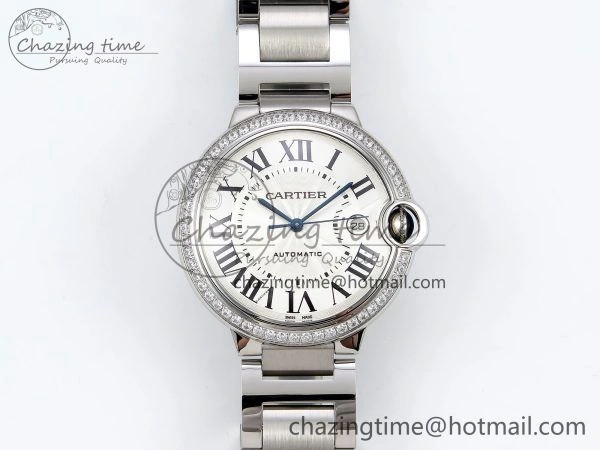 Ballon Bleu 42mm SS CHF 1:1 Best Edition White Texture Dial 1Line Diamonds Bezel on SS Bracelet A2824