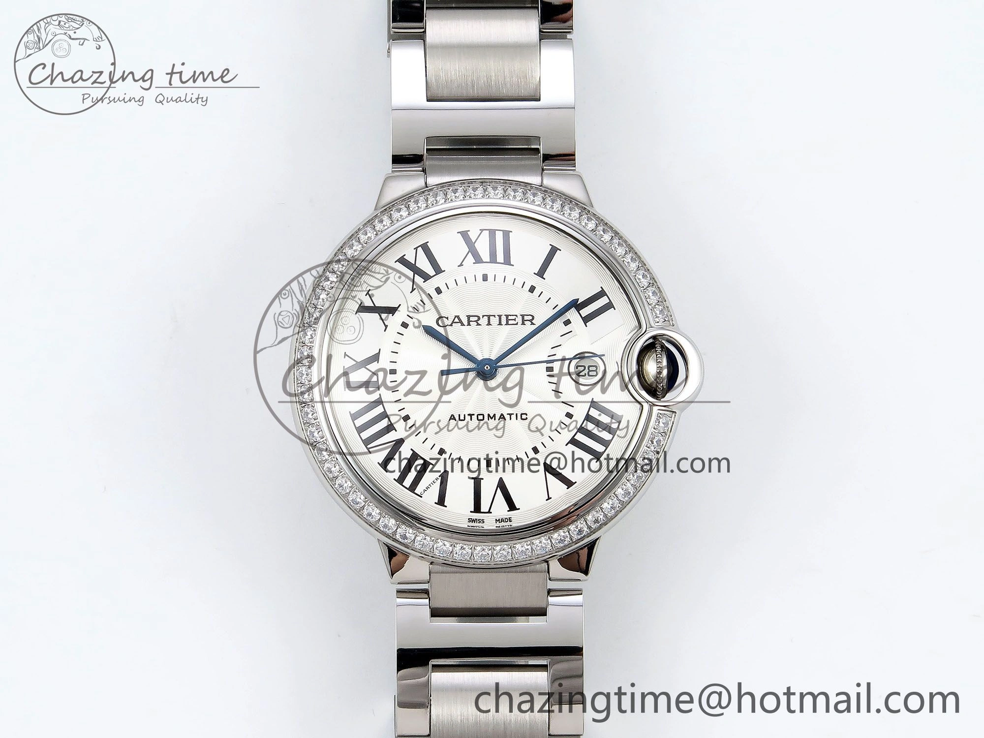 Ballon Bleu 42mm SS CHF 1:1 Best Edition White Texture Dial 1Line Diamonds Bezel on SS Bracelet A2824