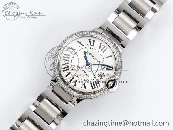 Ballon Bleu 42mm SS CHF 1:1 Best Edition White Texture Dial 1Line Diamonds Bezel on SS Bracelet A2824