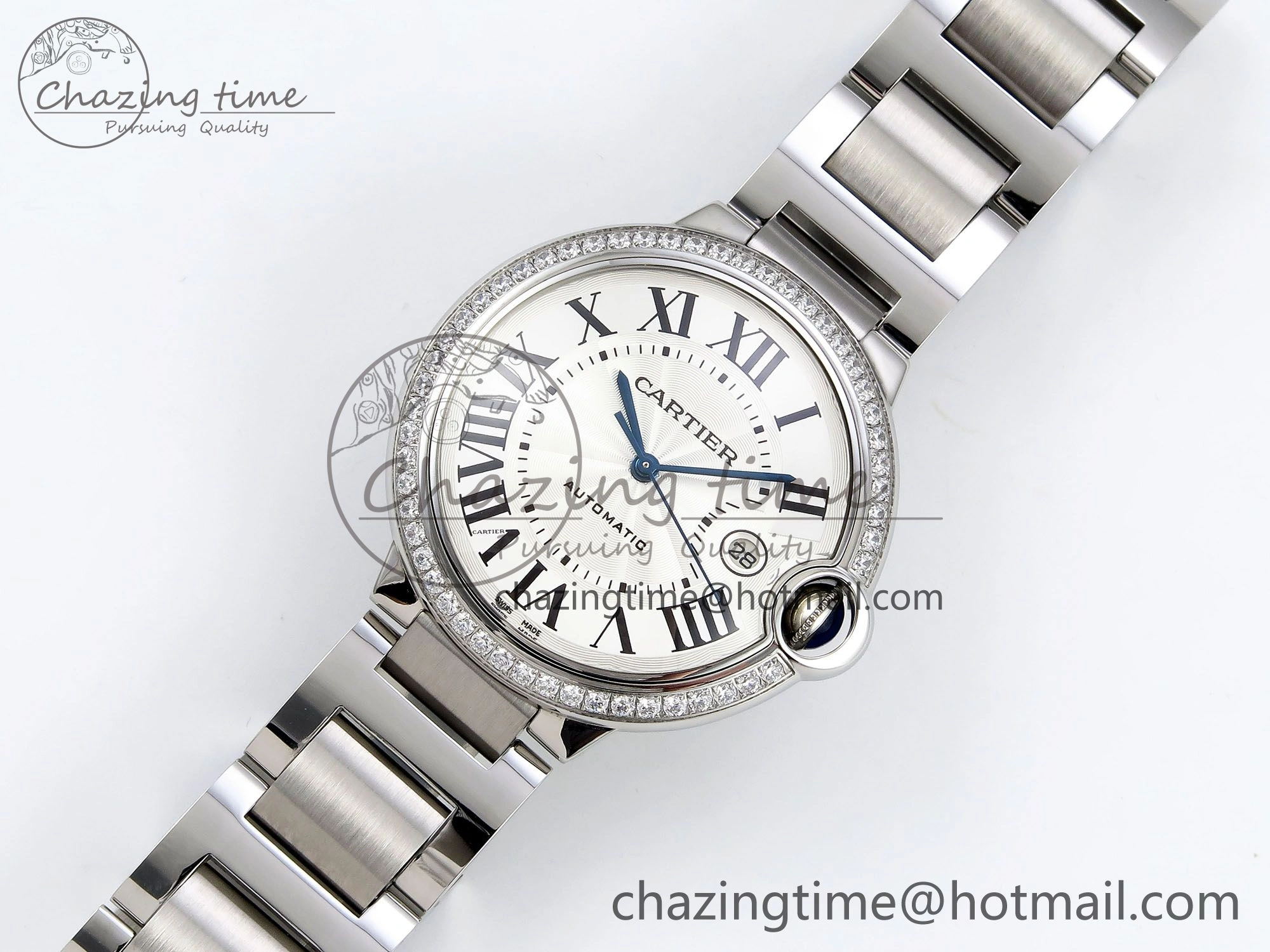 Ballon Bleu 42mm SS CHF 1:1 Best Edition White Texture Dial 1Line Diamonds Bezel on SS Bracelet A2824