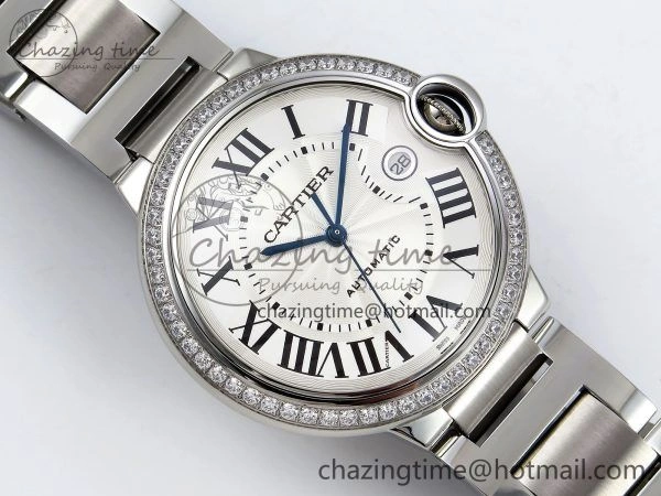 Ballon Bleu 42mm SS CHF 1:1 Best Edition White Texture Dial 1Line Diamonds Bezel on SS Bracelet A2824