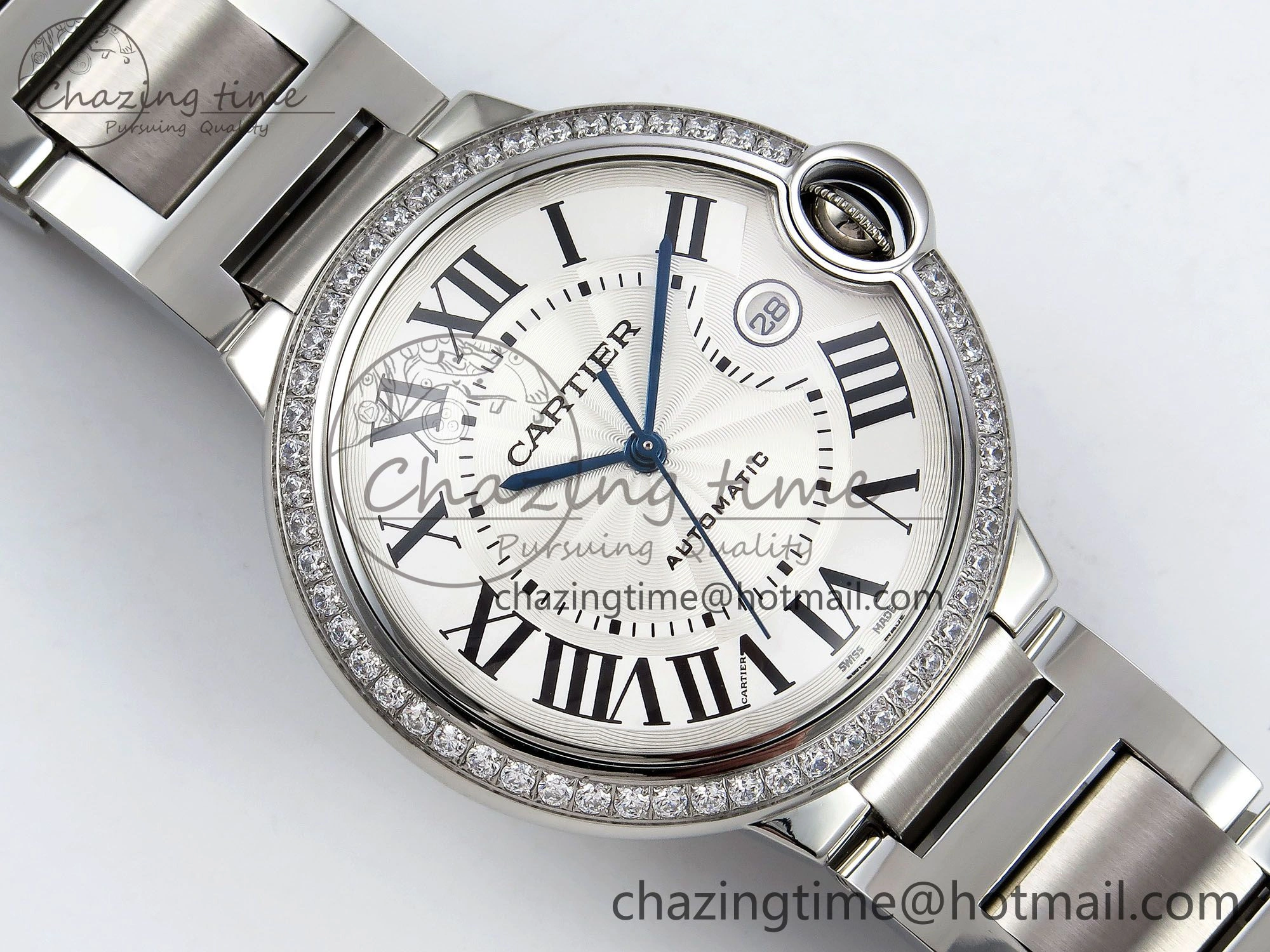 Ballon Bleu 42mm SS CHF 1:1 Best Edition White Texture Dial 1Line Diamonds Bezel on SS Bracelet A2824