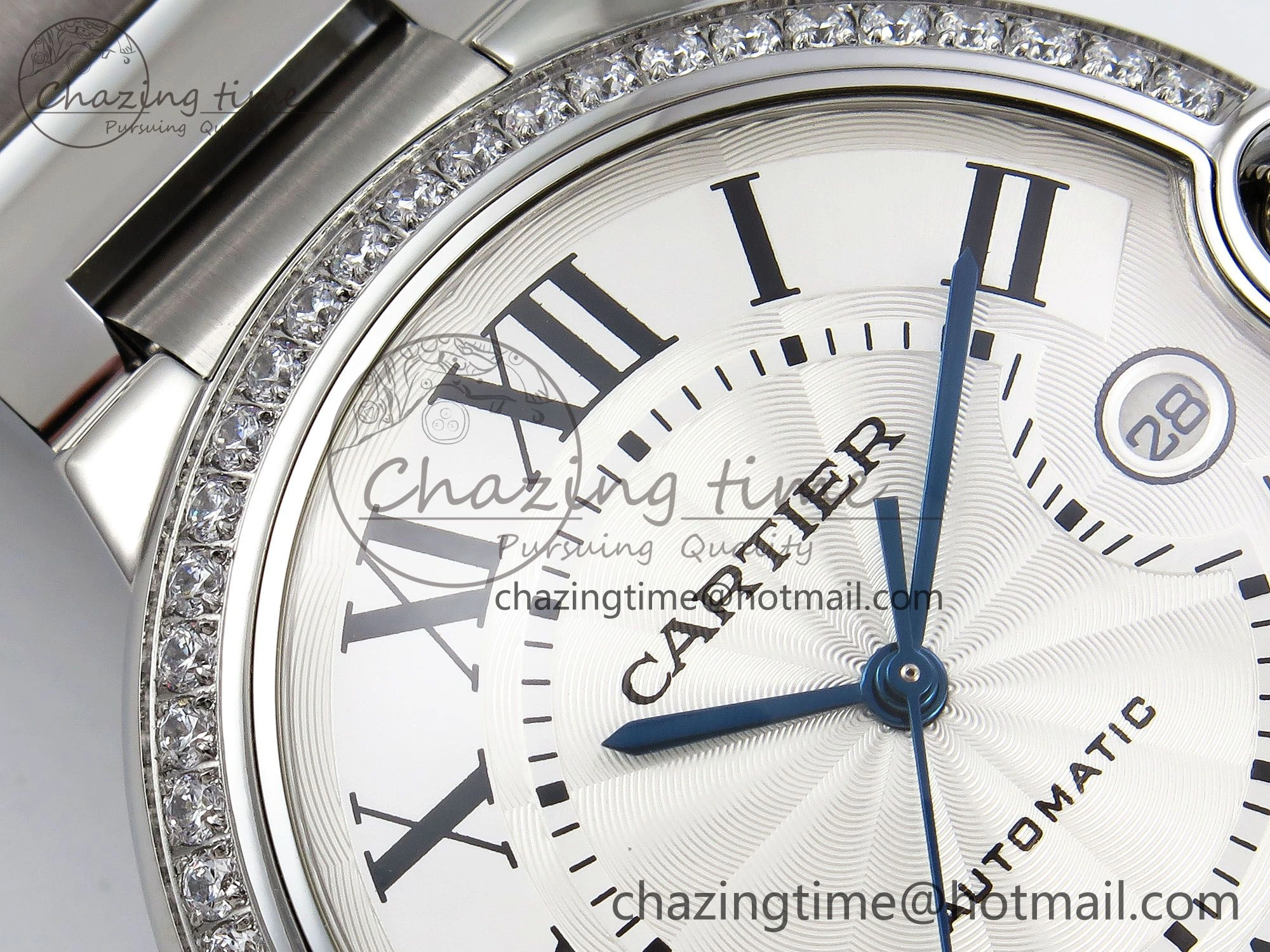 Ballon Bleu 42mm SS CHF 1:1 Best Edition White Texture Dial 1Line Diamonds Bezel on SS Bracelet A2824