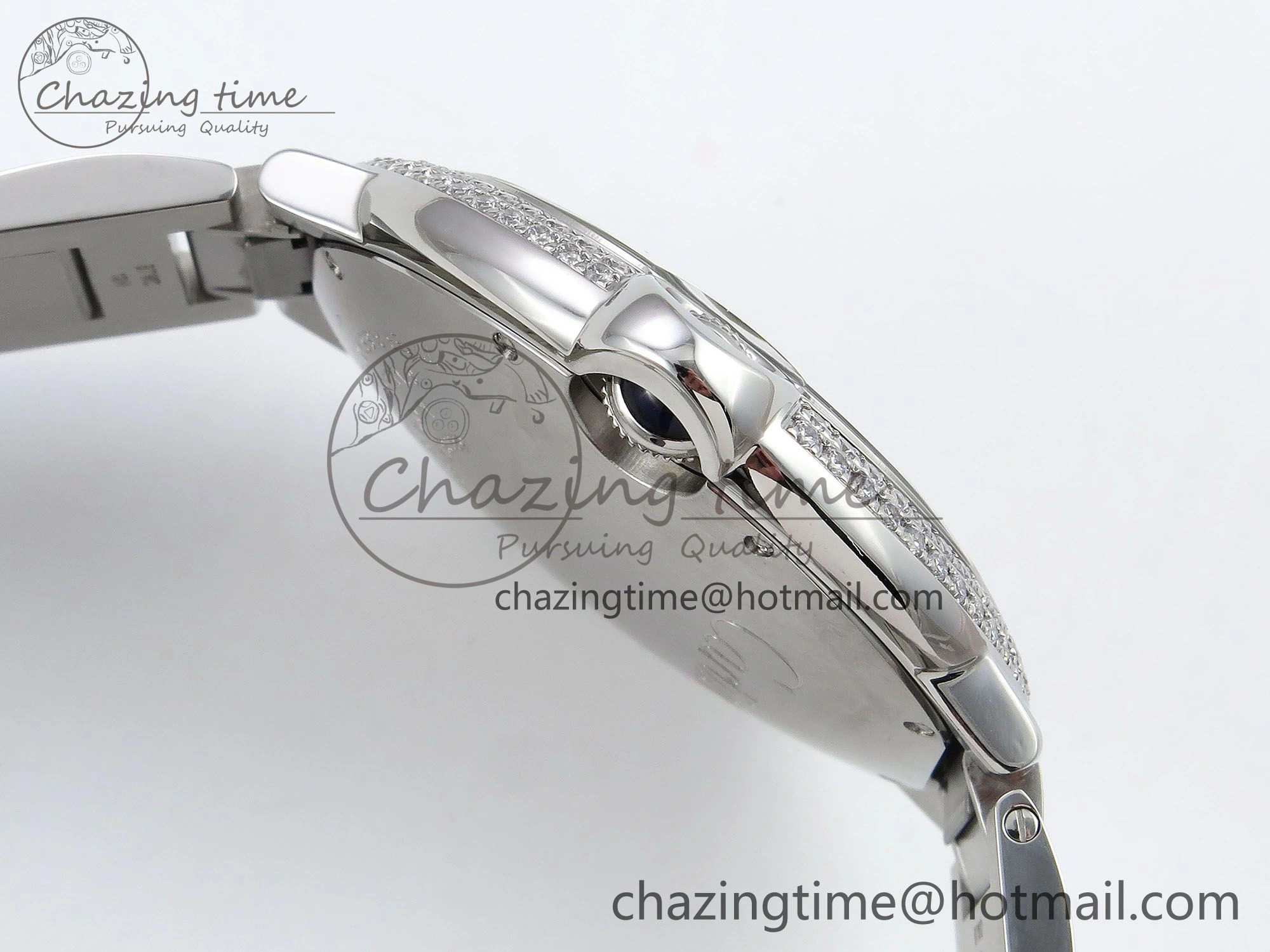 Ballon Bleu 42mm SS CHF 1:1 Best Edition White Texture Dial 2Line Diamonds Bezel on SS Bracelet A2824
