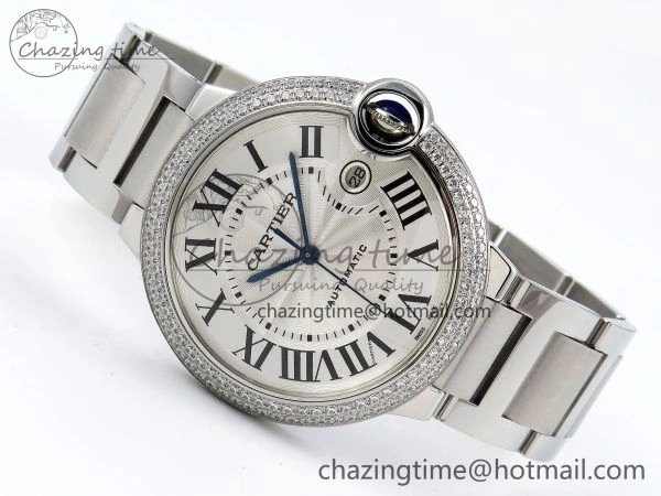 Ballon Bleu 42mm SS CHF 1:1 Best Edition White Texture Dial 2Line Diamonds Bezel on SS Bracelet A2824