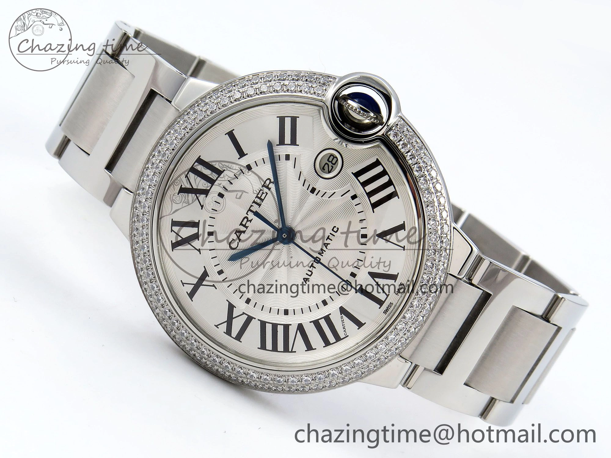 Ballon Bleu 42mm SS CHF 1:1 Best Edition White Texture Dial 2Line Diamonds Bezel on SS Bracelet A2824