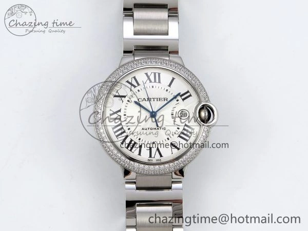 Ballon Bleu 42mm SS CHF 1:1 Best Edition White Texture Dial 2Line Diamonds Bezel on SS Bracelet A2824