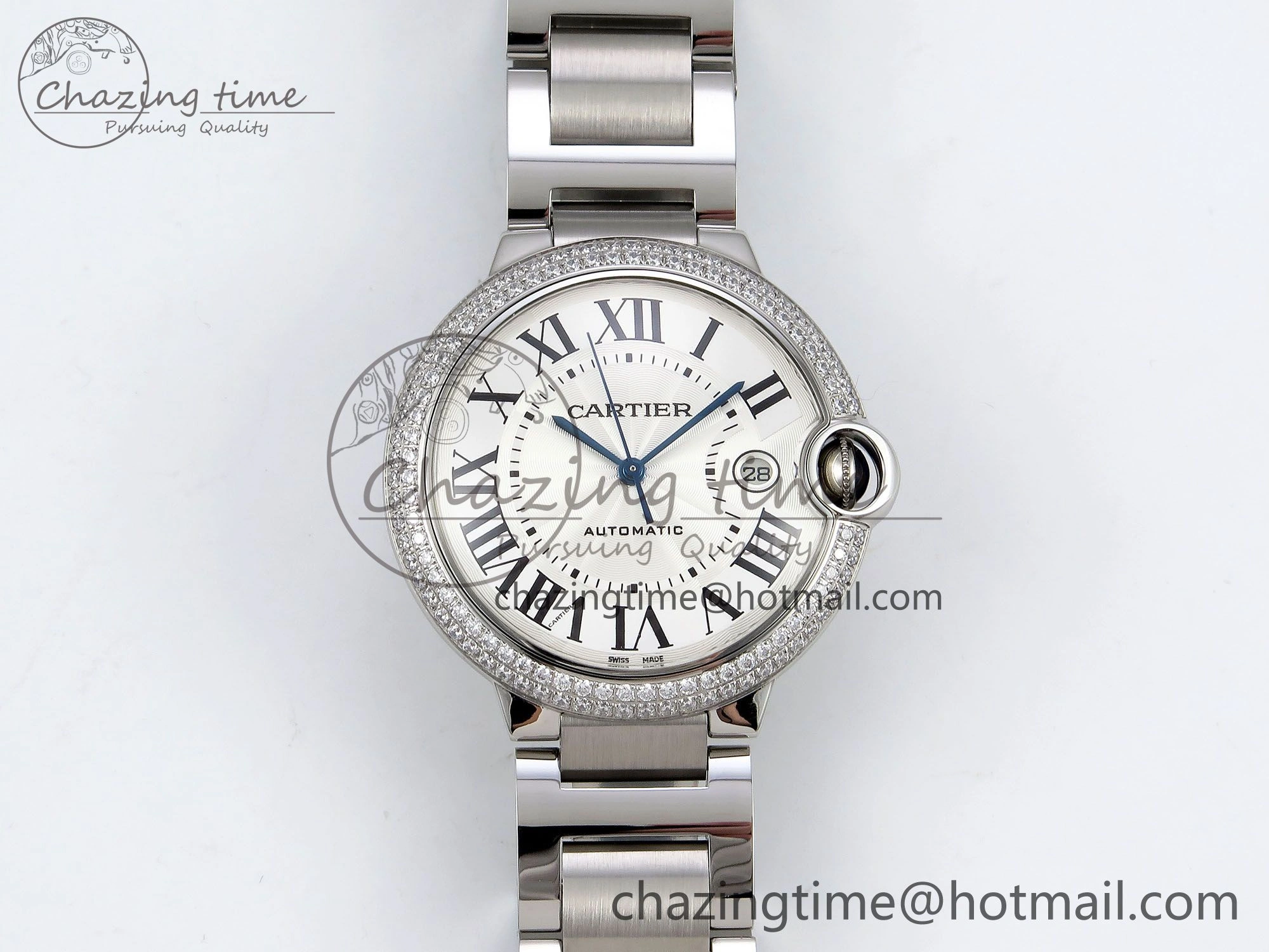 Ballon Bleu 42mm SS CHF 1:1 Best Edition White Texture Dial 2Line Diamonds Bezel on SS Bracelet A2824