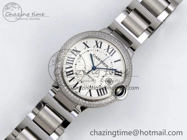 Ballon Bleu 42mm SS CHF 1:1 Best Edition White Texture Dial 2Line Diamonds Bezel on SS Bracelet A2824