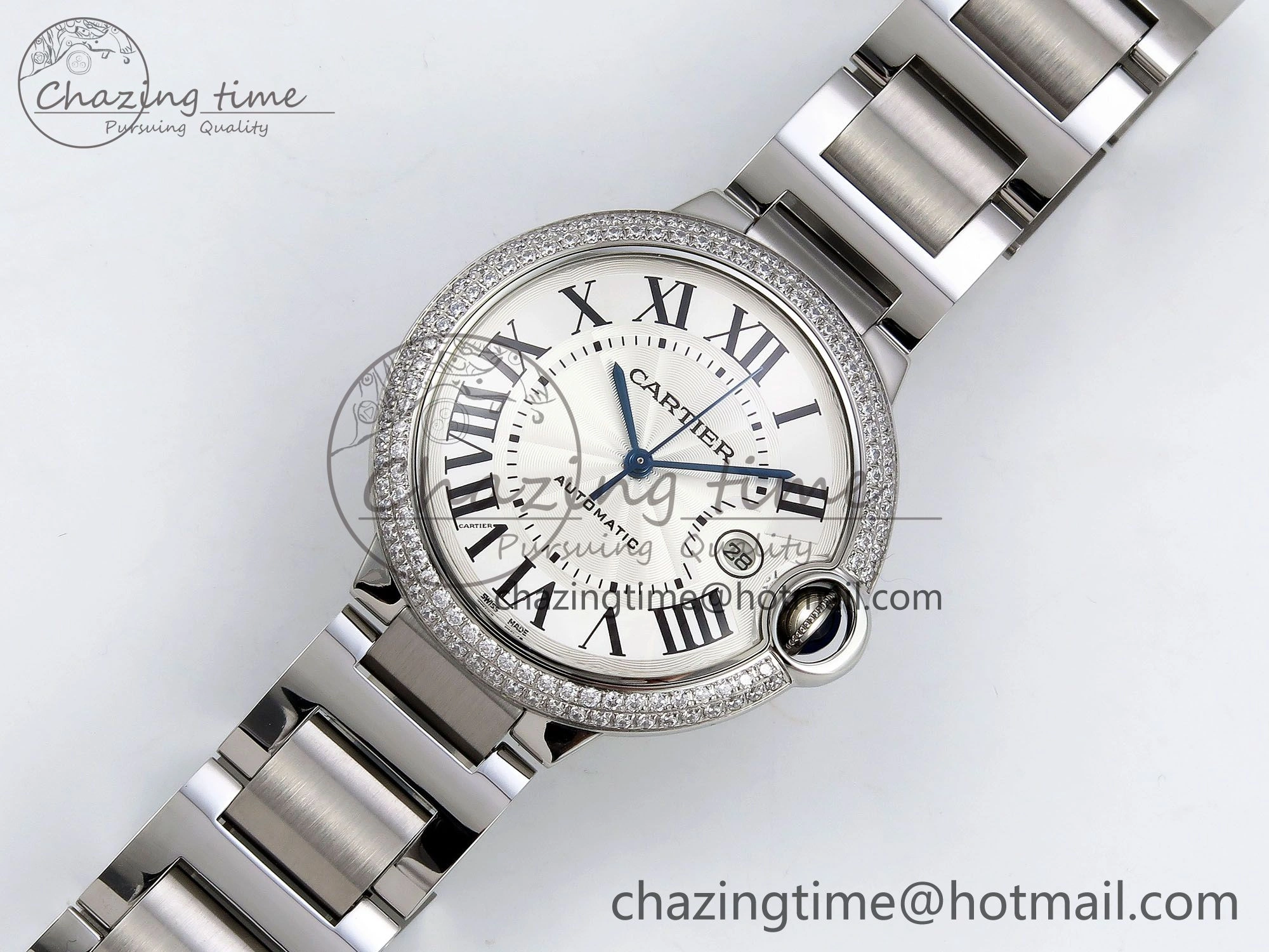 Ballon Bleu 42mm SS CHF 1:1 Best Edition White Texture Dial 2Line Diamonds Bezel on SS Bracelet A2824