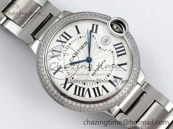 Ballon Bleu 42mm SS CHF 1:1 Best Edition White Texture Dial 2Line Diamonds Bezel on SS Bracelet A2824