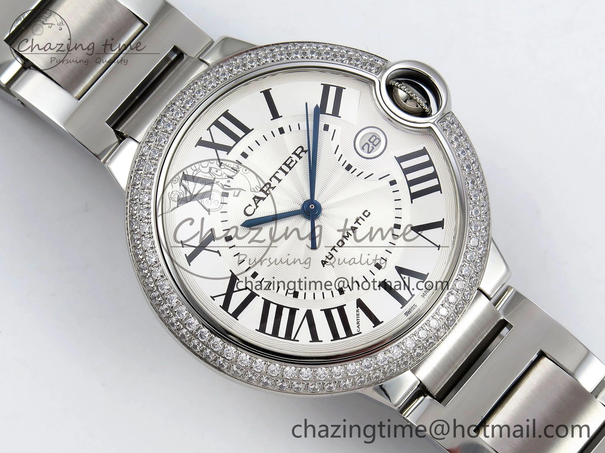 Ballon Bleu 42mm SS CHF 1:1 Best Edition White Texture Dial 2Line Diamonds Bezel on SS Bracelet A2824