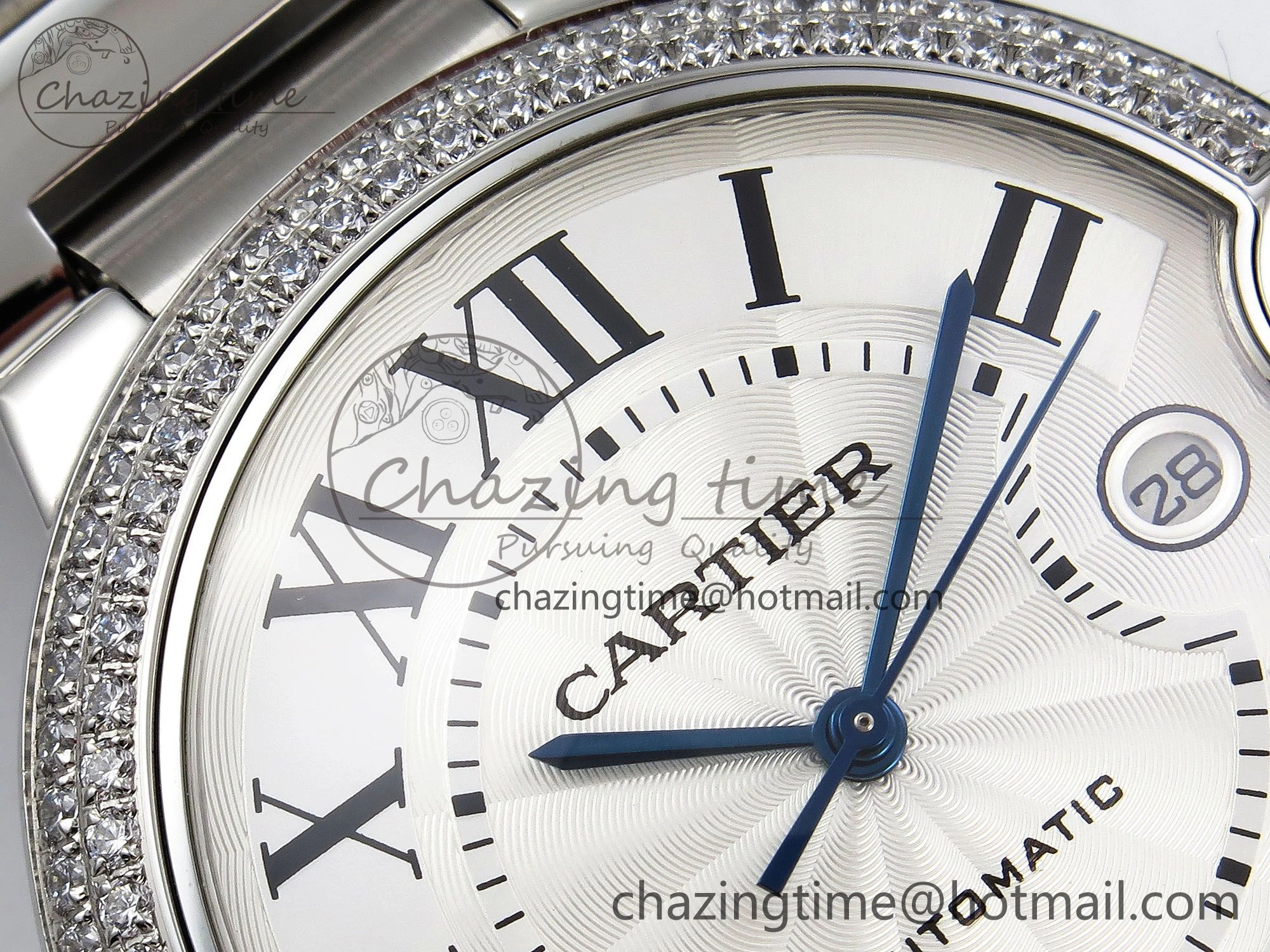 Ballon Bleu 42mm SS CHF 1:1 Best Edition White Texture Dial 2Line Diamonds Bezel on SS Bracelet A2824