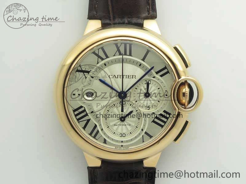 Ballon Bleu De Cartier Chrono 47mm RG ZF 1:1 Best Edition Cream White Textured Dial On Leather Strap A8101