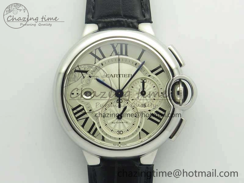 Ballon Bleu De Cartier Chrono 47mm SS ZF 1:1 Best Edition Cream White Textured Dial On Leather Strap A8101
