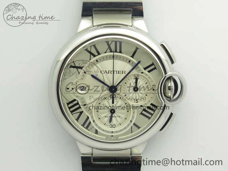 Ballon Bleu De Cartier Chrono 47mm SS ZF 1:1 Best Edition Cream White Textured Dial On SS Bracelet A8101
