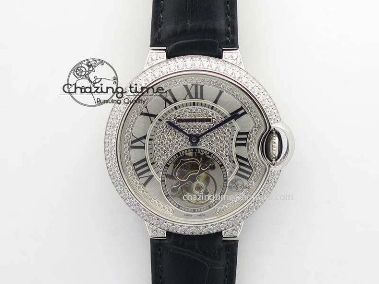 Ballon Bleu De Cartier Tourbillon SS Full Paved Diamonds On Black Leather Strap
