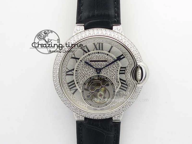 Ballon Bleu De Cartier Tourbillon SS Full Paved Diamonds On Black Leather Strap