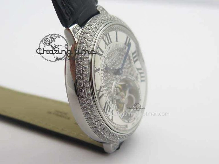 Ballon Bleu De Cartier Tourbillon SS Full Paved Diamonds On Black Leather Strap