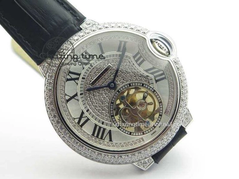Ballon Bleu De Cartier Tourbillon SS Full Paved Diamonds On Black Leather Strap