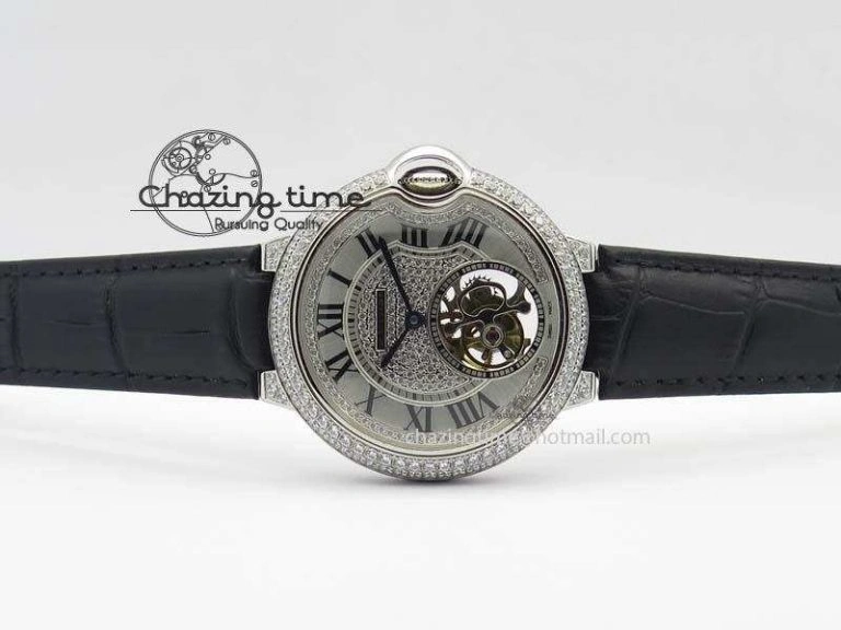Ballon Bleu De Cartier Tourbillon SS Full Paved Diamonds On Black Leather Strap