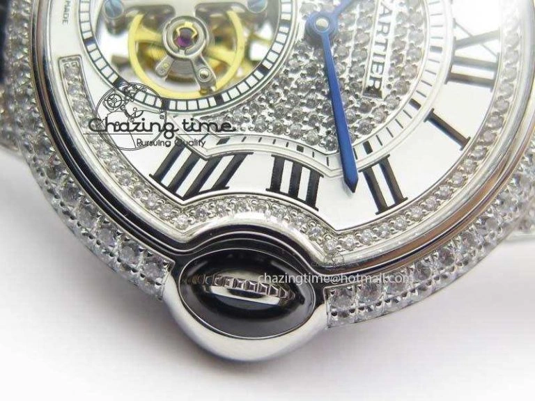 Ballon Bleu De Cartier Tourbillon SS Full Paved Diamonds On Black Leather Strap