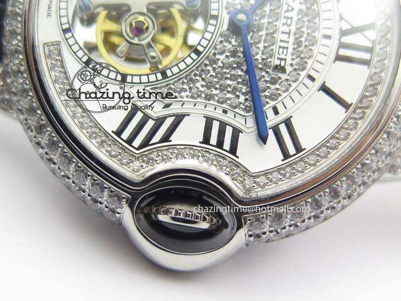 Ballon Bleu De Cartier Tourbillon SS Full Paved Diamonds On Black Leather Strap