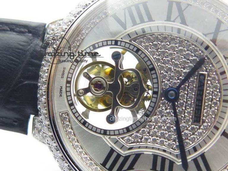 Ballon Bleu De Cartier Tourbillon SS Full Paved Diamonds On Black Leather Strap