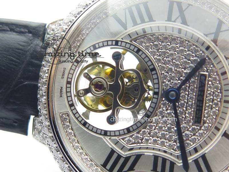 Ballon Bleu De Cartier Tourbillon SS Full Paved Diamonds On Black Leather Strap