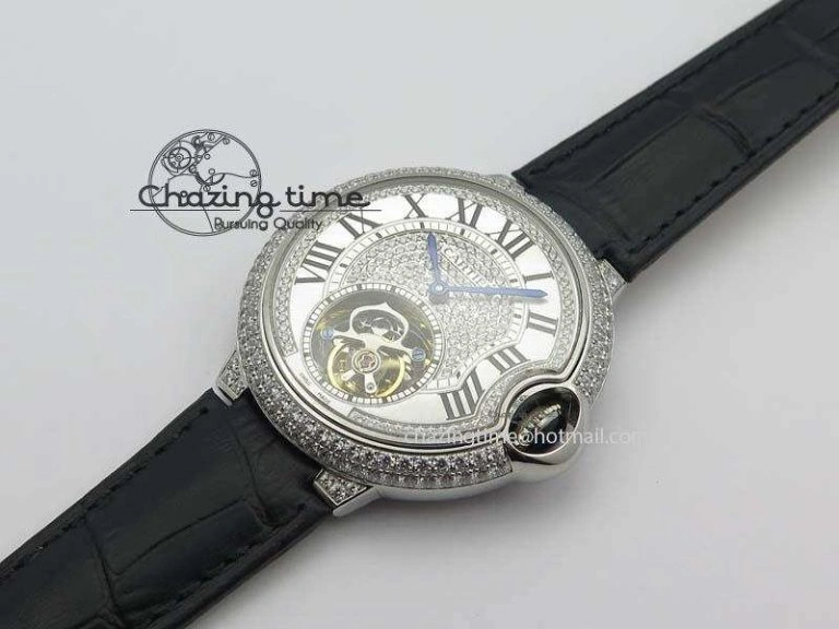 Ballon Bleu De Cartier Tourbillon SS Full Paved Diamonds On Black Leather Strap