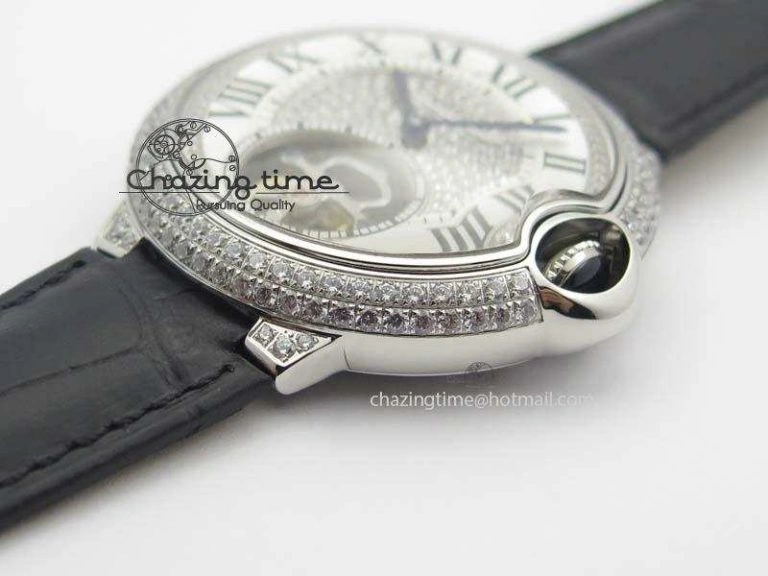 Ballon Bleu De Cartier Tourbillon SS Full Paved Diamonds On Black Leather Strap