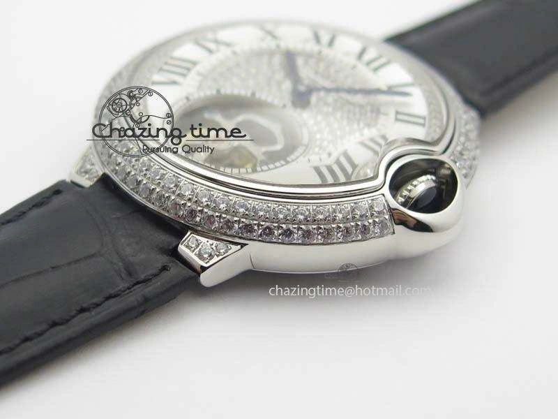 Ballon Bleu De Cartier Tourbillon SS Full Paved Diamonds On Black Leather Strap