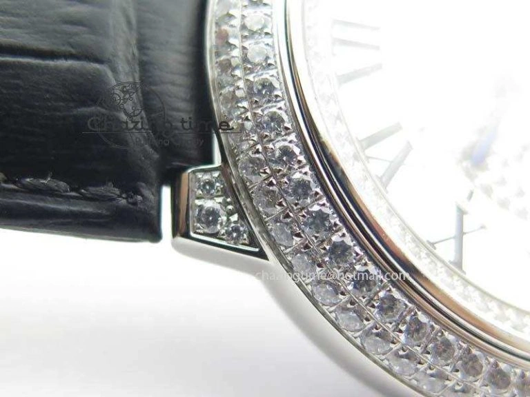 Ballon Bleu De Cartier Tourbillon SS Full Paved Diamonds On Black Leather Strap