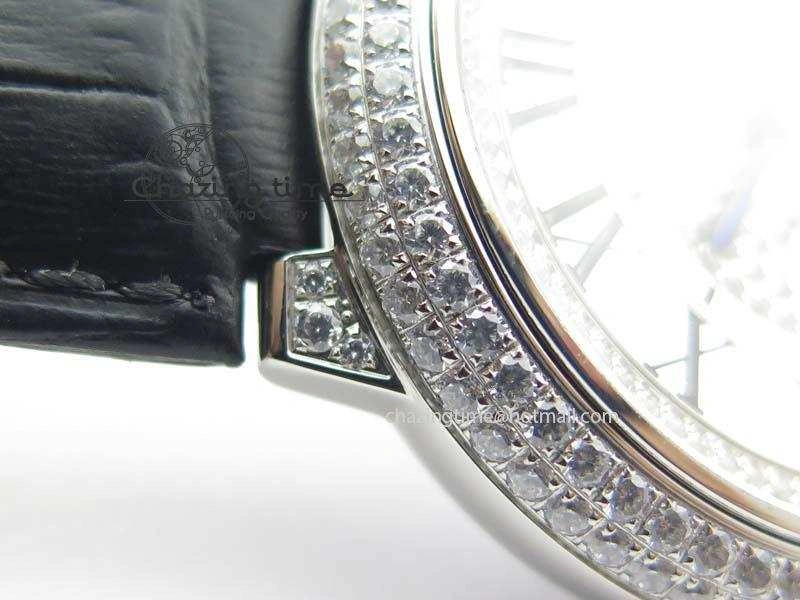 Ballon Bleu De Cartier Tourbillon SS Full Paved Diamonds On Black Leather Strap