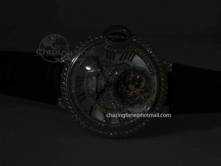 Ballon Bleu De Cartier Tourbillon SS Full Paved Diamonds On Black Leather Strap